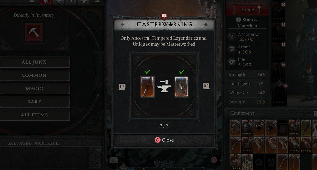 A menu shows how to use Masterworking in Diablo 4.