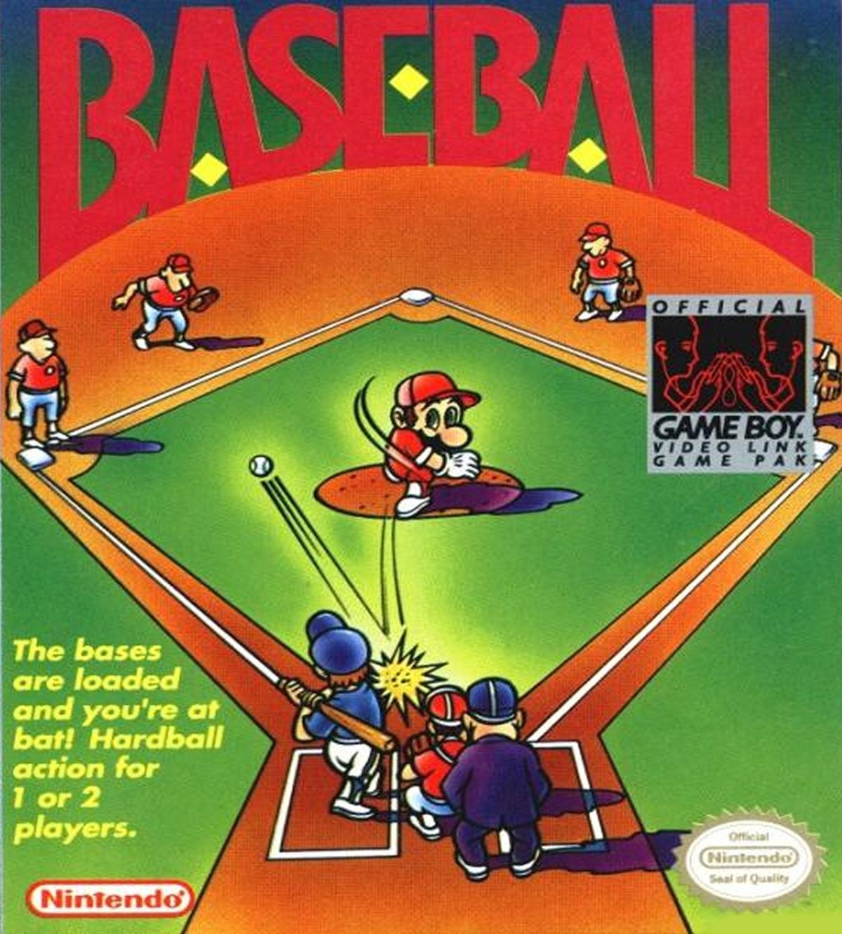 Cover art for the Game Boy version of Baseball, featuring an illustration of Mario pitching against a batter who has hit a ball toward left field