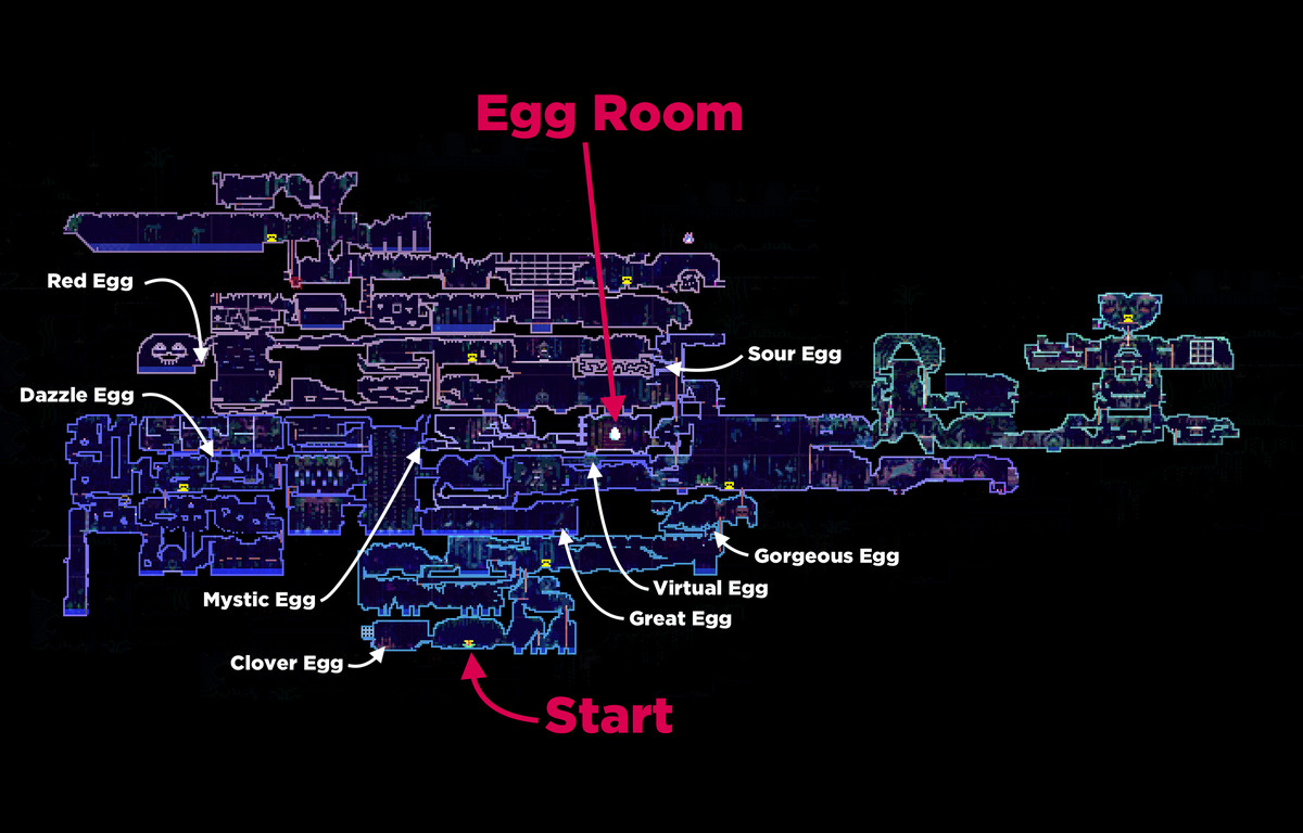 Animal Well map showing the location of the egg room and several eggs