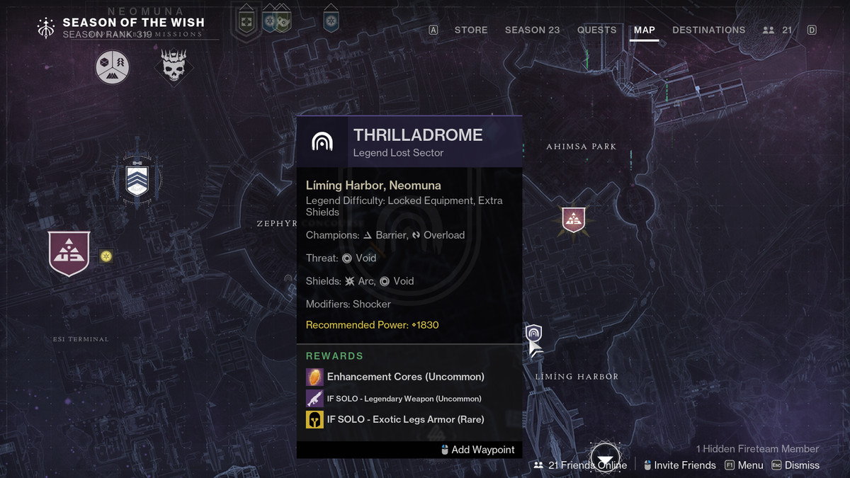 A map showing the Thrilladrome lost sector in Destiny 2