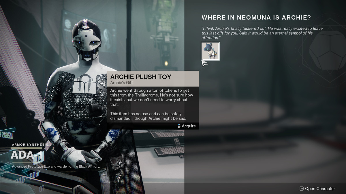 A Guardian receives an Archie plush in Destiny 2