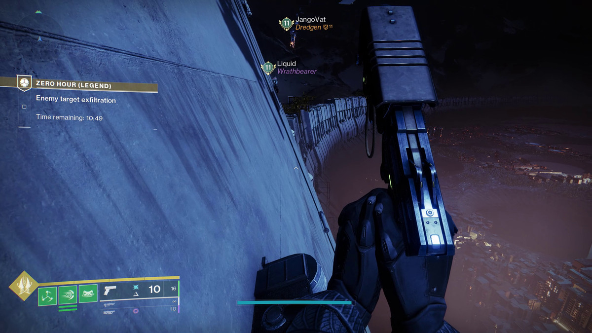 A Guardian jumps on the outside wall of The Tower in Destiny 2