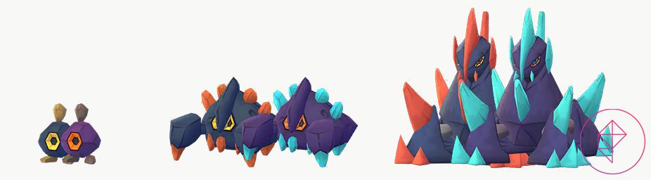 Shiny Roggenrola, Boldore, and Gigalith with their regular forms in Pokémon Go. Shiny Roggenrola gets purple and orange colors, whereas Boldore and Gigalith get blue gems.