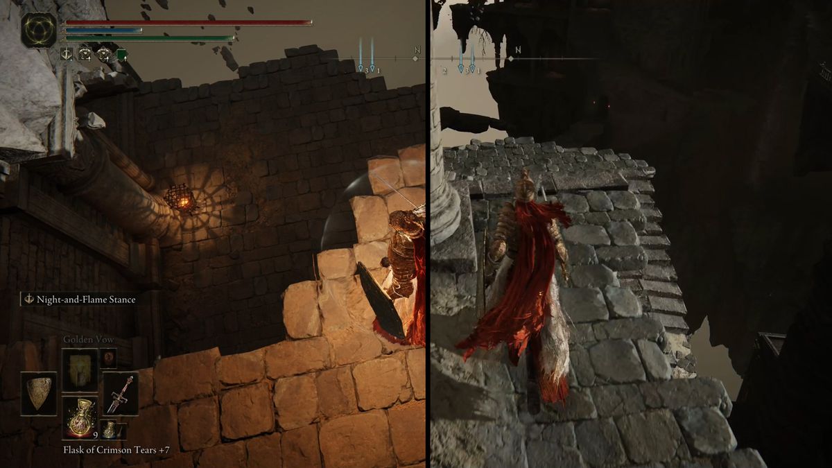 A split screen showing an Elden Ring character looking over a torchlit area and some steps.