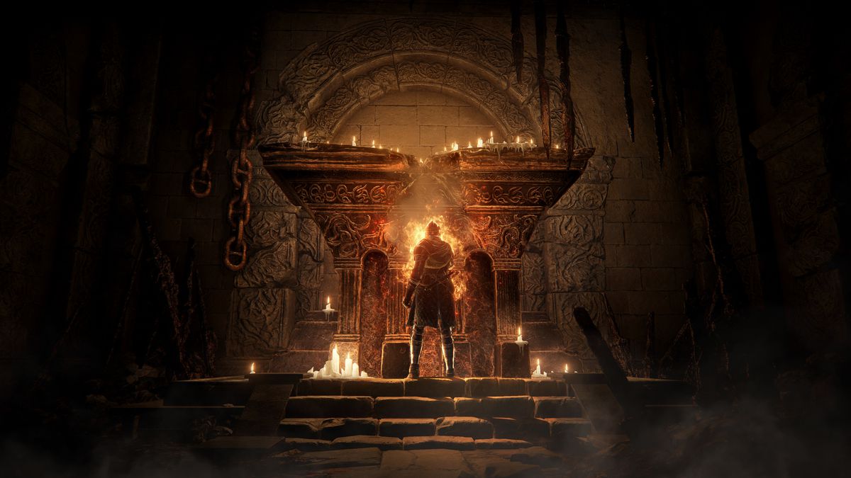 A Tarnished warrior lights the altar in a forge in a screenshot from Elden Ring: Shadow of the Erdtree