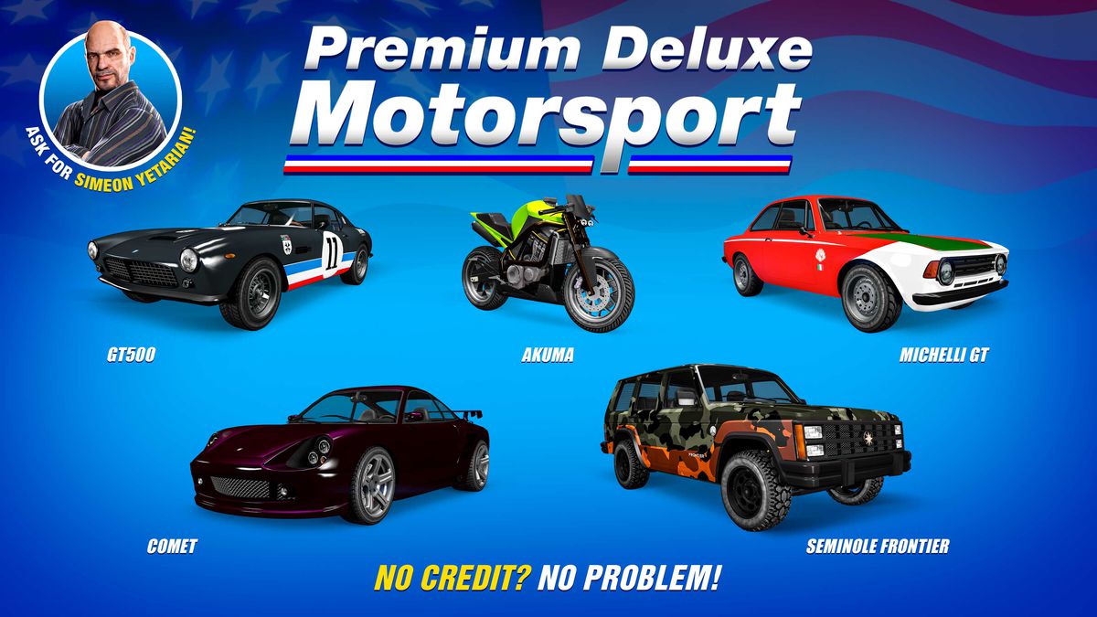 GTA Online promo art for vehicles for sale at Premium Deluxe Motorsport this week