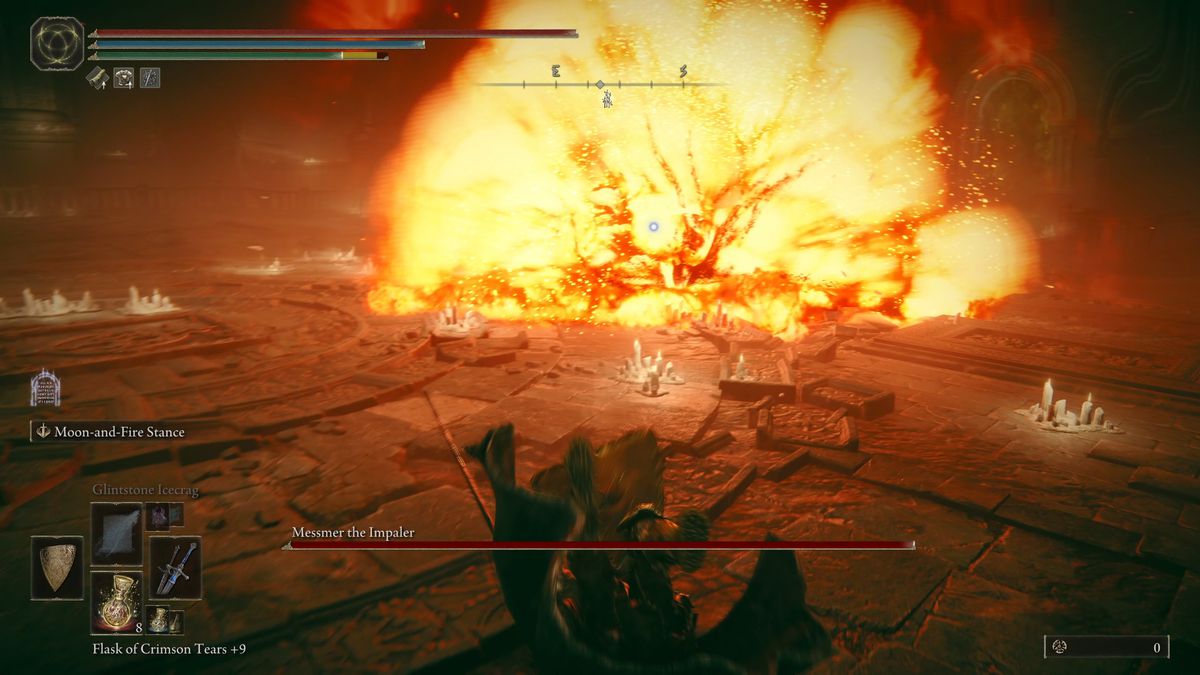 Messmer the Impaler explodes the ground during an Elden Ring DLC boss fight.