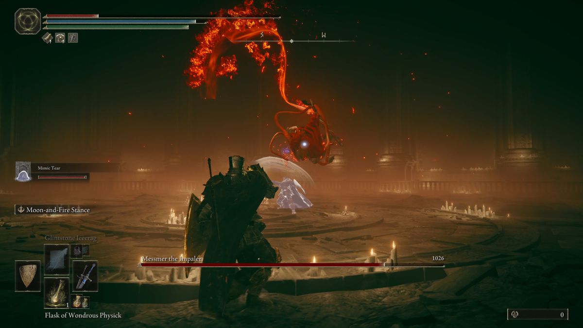 Messmer the Impaler attacks an Elden Ring DLC player during a boss fight.