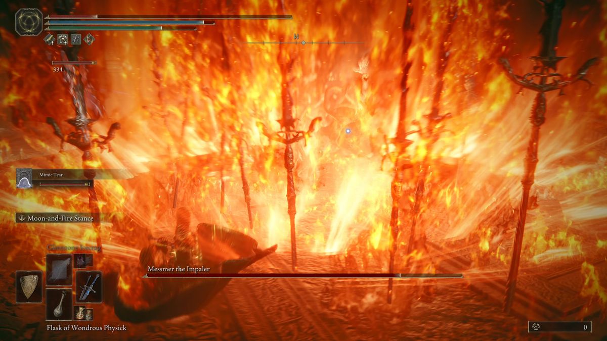 Messmer the Impaler throws a bunch of flaming spears during an Elden Ring DLC boss fight.