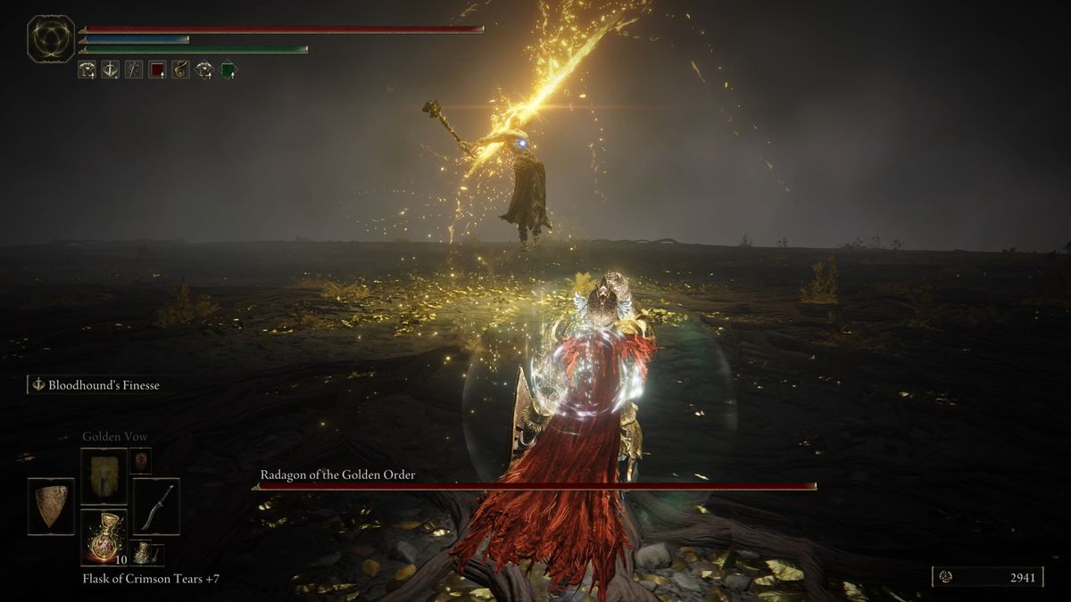 Radagon casts a holy spell in an Elden Ring boss fight.