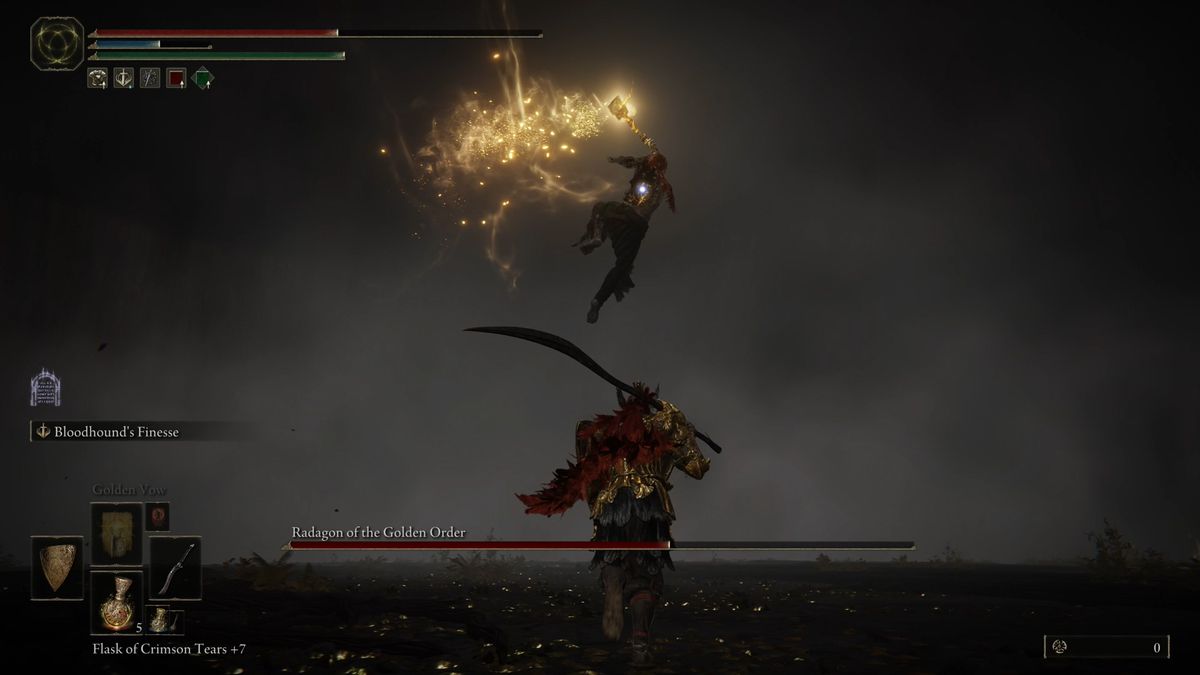 Radagon jumps in the air for a holy attack during an Elden Ring boss fight.