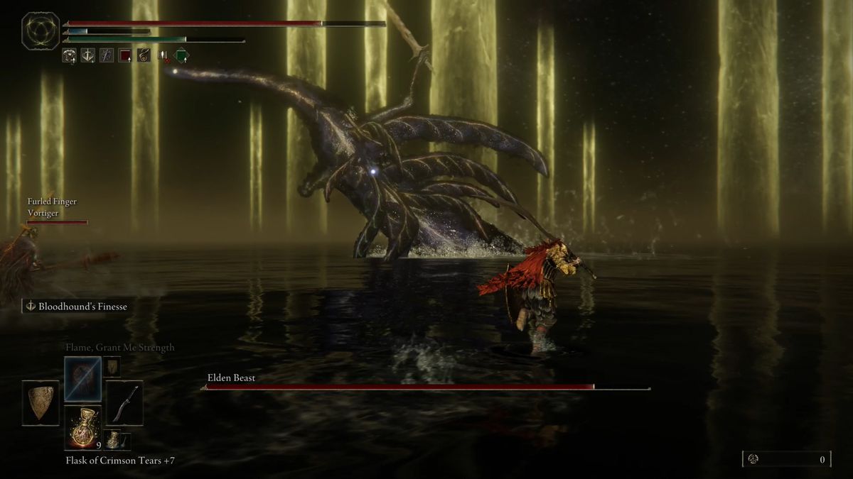 The Elden Beast stands still in an Elden Ring boss fight.