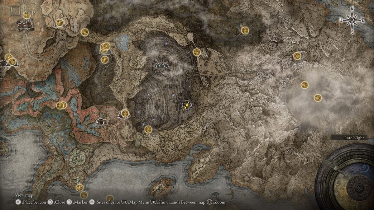 A screenshot of the Elden Ring: Shadow of the Erdtree map, showing the location of the Remembrance duplication site in Finger Ruins of Rhia