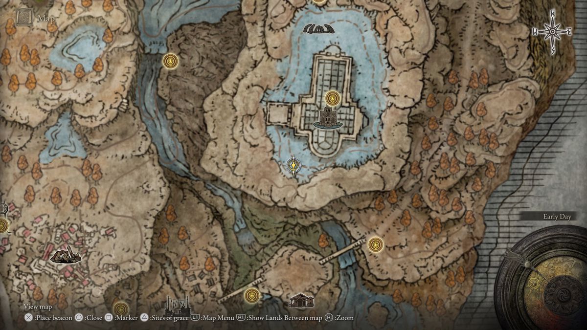 A screenshot of the Elden Ring: Shadow of the Erdtree map, showing the location of the Remembrance duplication site near the Cathedral at Manus Metyr