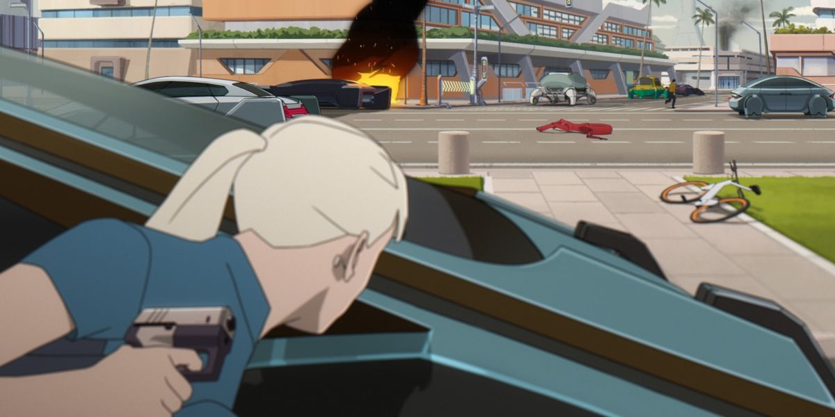 A woman with light blond hair hiding behind a car while holding a small futuristic pistol in Mars Express.