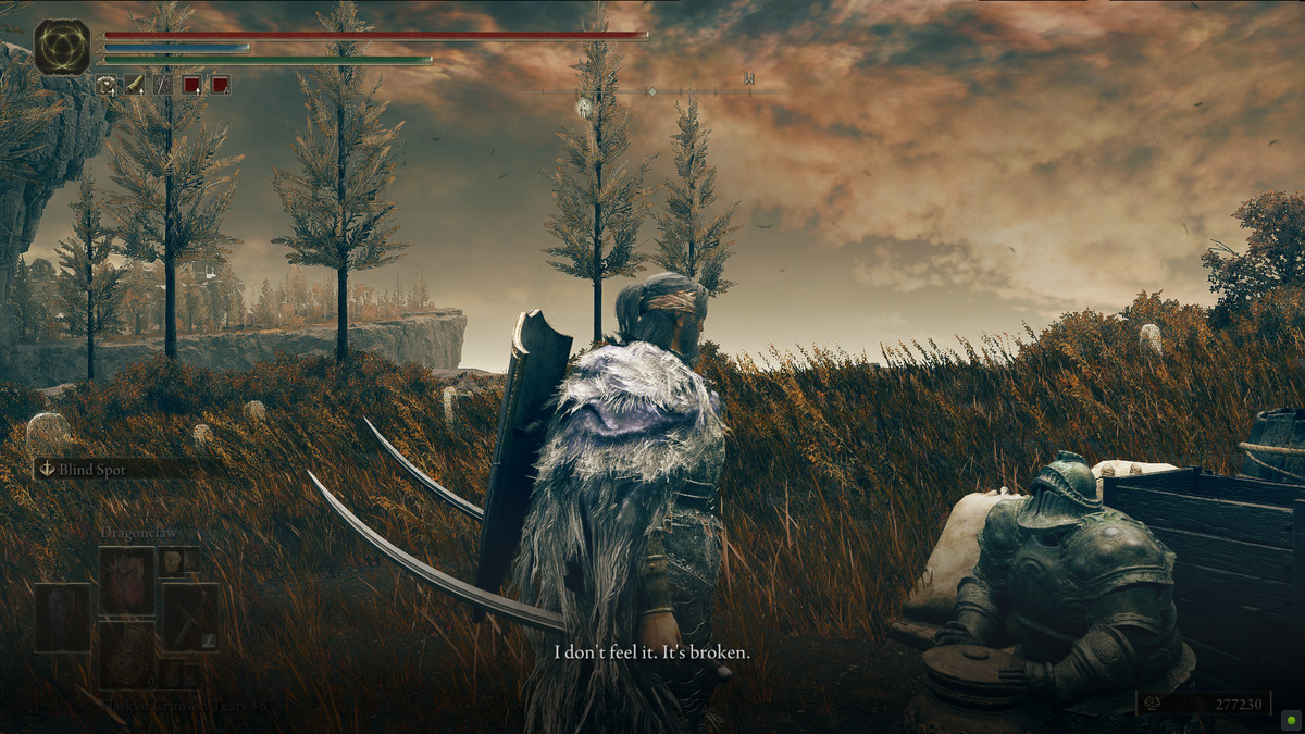 A screenshot of Moore’s dialogue to the Tarnished after breaking the charm in Elden Ring Shadow of the Erdtree. Moore says, “I don’t feel it. It’s broken.”