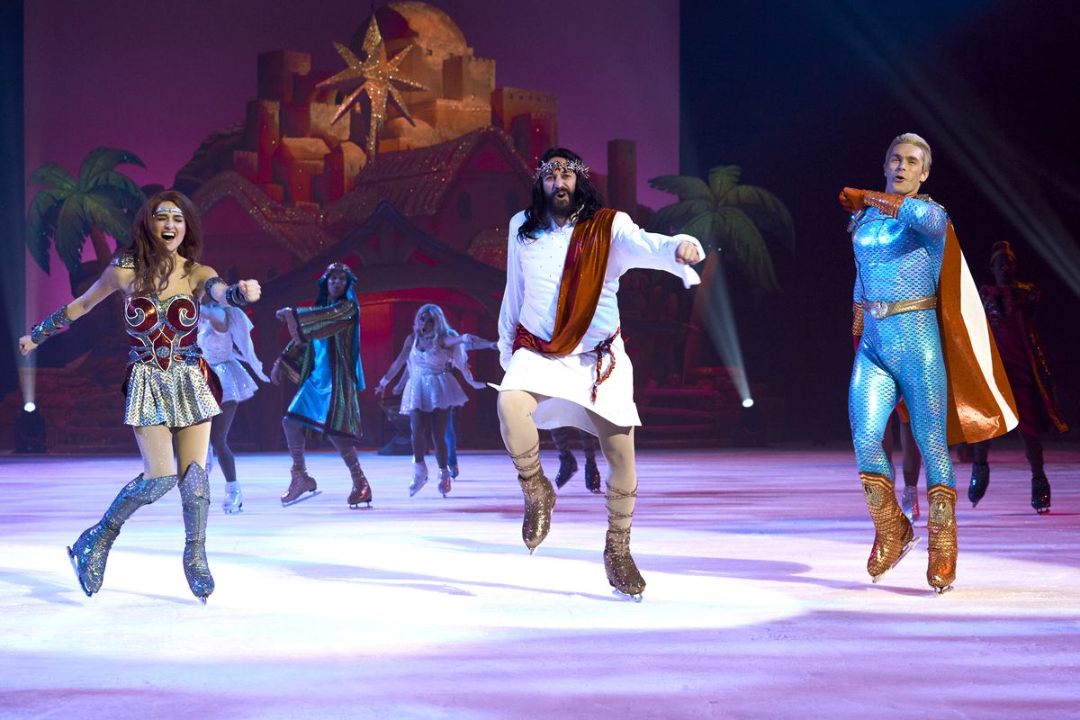 Ice skater versions of Maeve, Jesus Christ, and Homelander in the “Let’s Put the Christ Back in Christmas” parody from The Boys