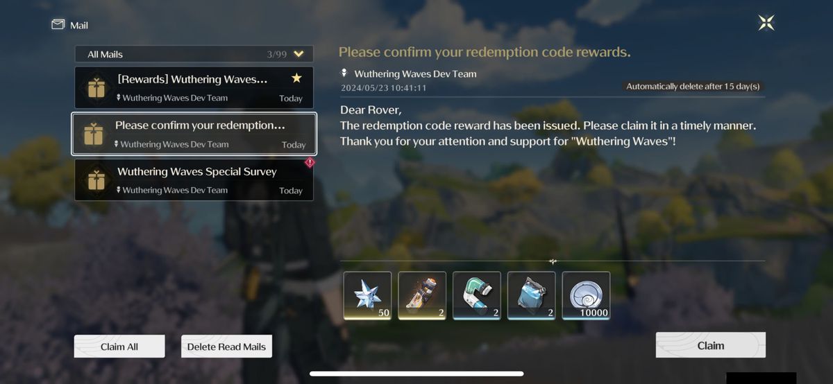 Accepting redemption code rewards in Wuthering Waves
