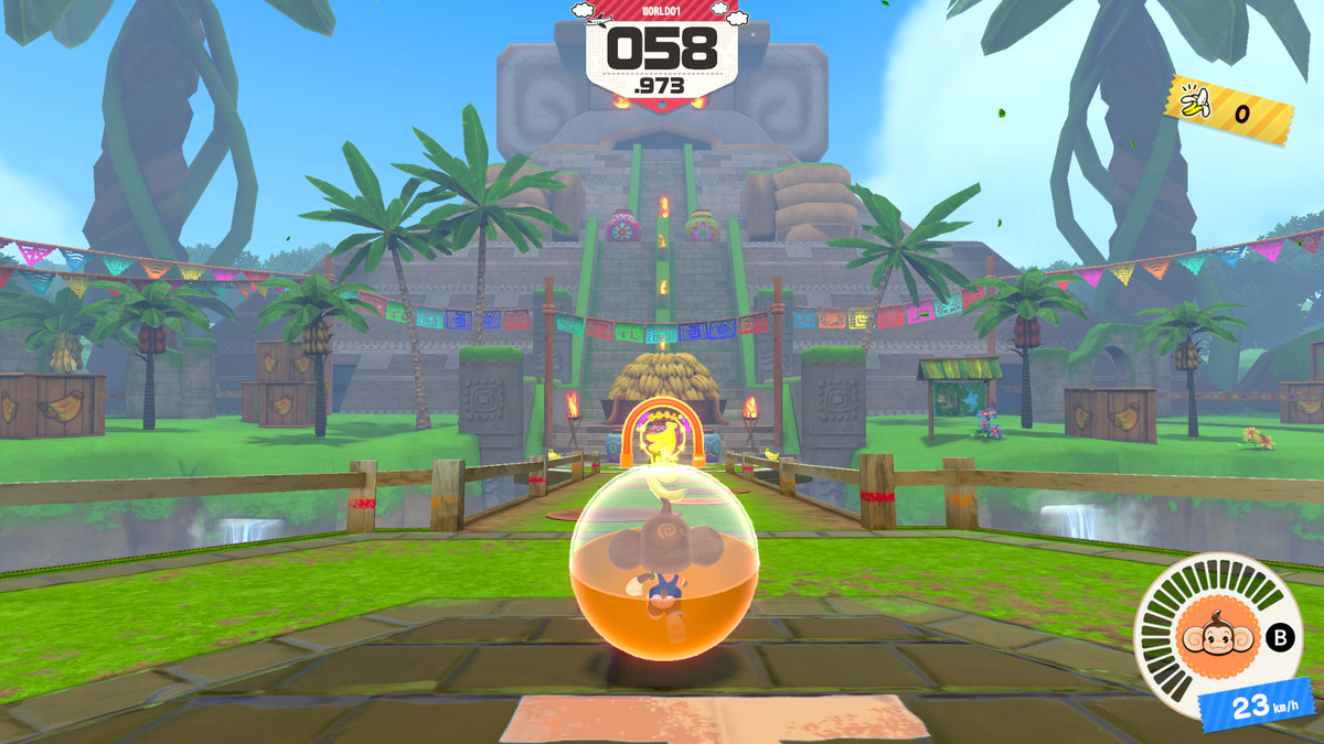 AiAi in his ball at the start of a simple stage in Super Monkey Ball Banana Rumble