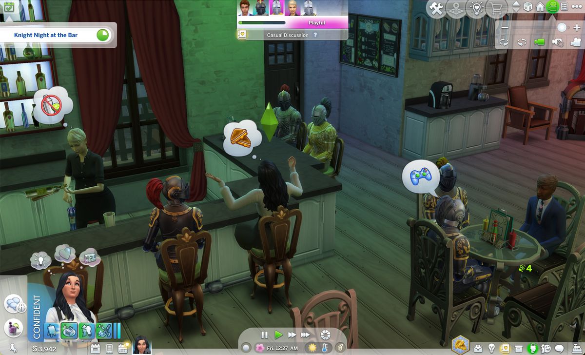 The Sims 4 character Gabriella at Knight Night at the bar, talking to knights about grilled cheese.