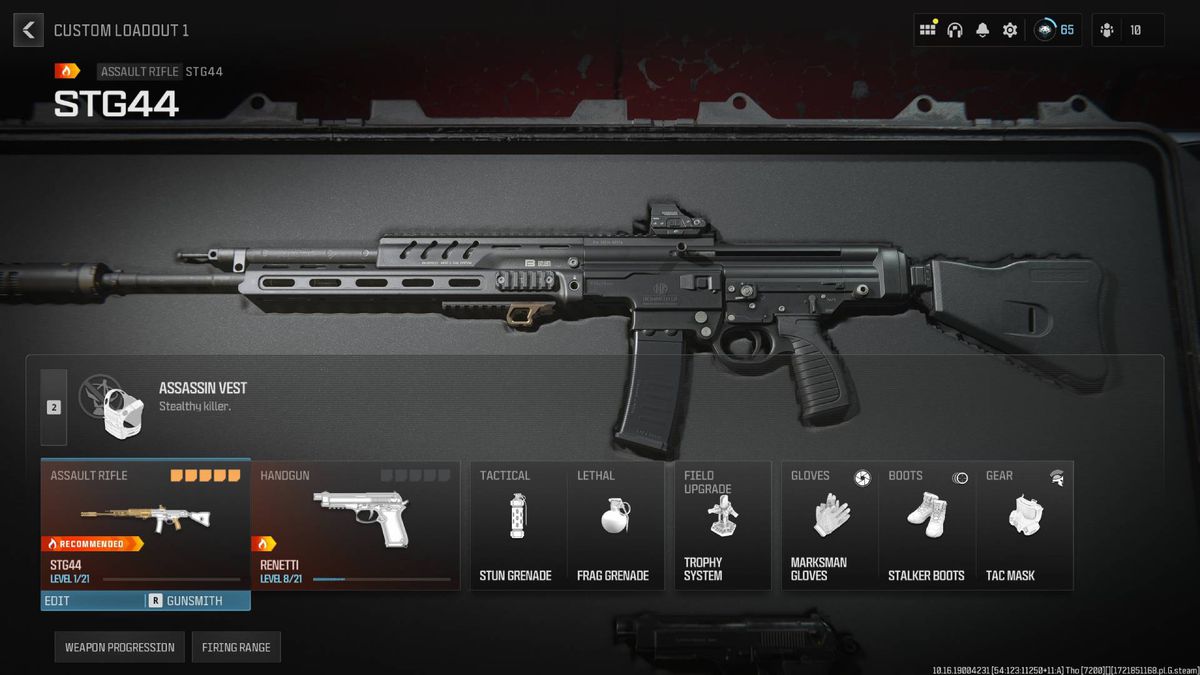 A menu shows the best class for the STG44 in MW3.