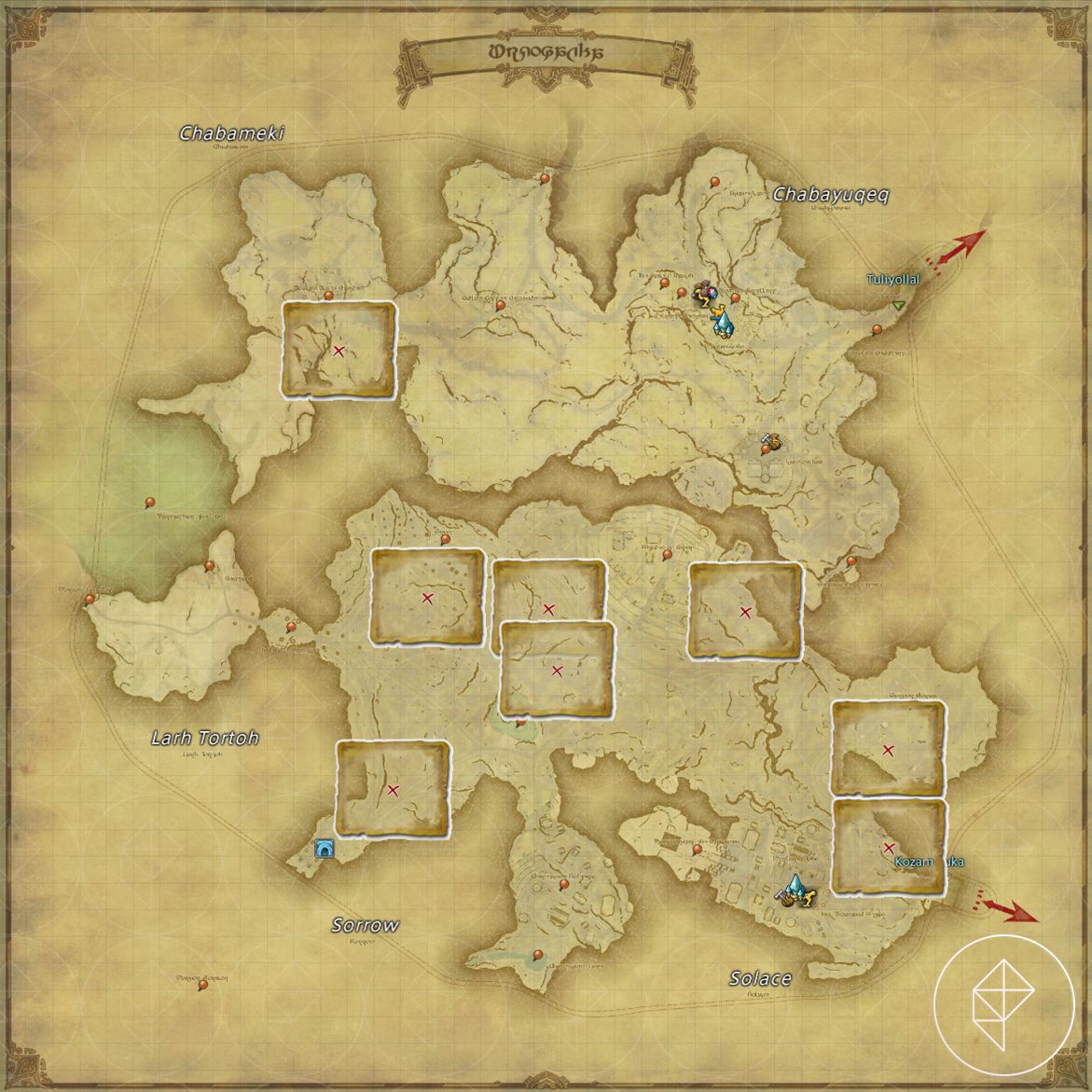 A map of Urqopacha in FFXIV marking the eight possible treasure locations.