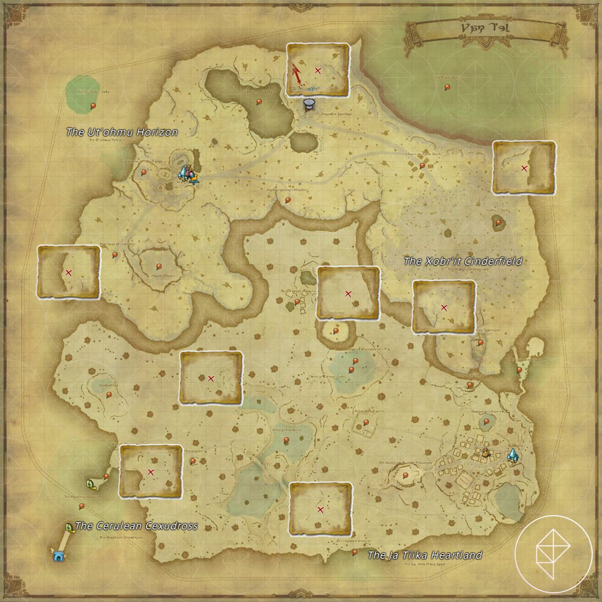 A map of Yak T’el in FFXIV marking the eight possible treasure locations.