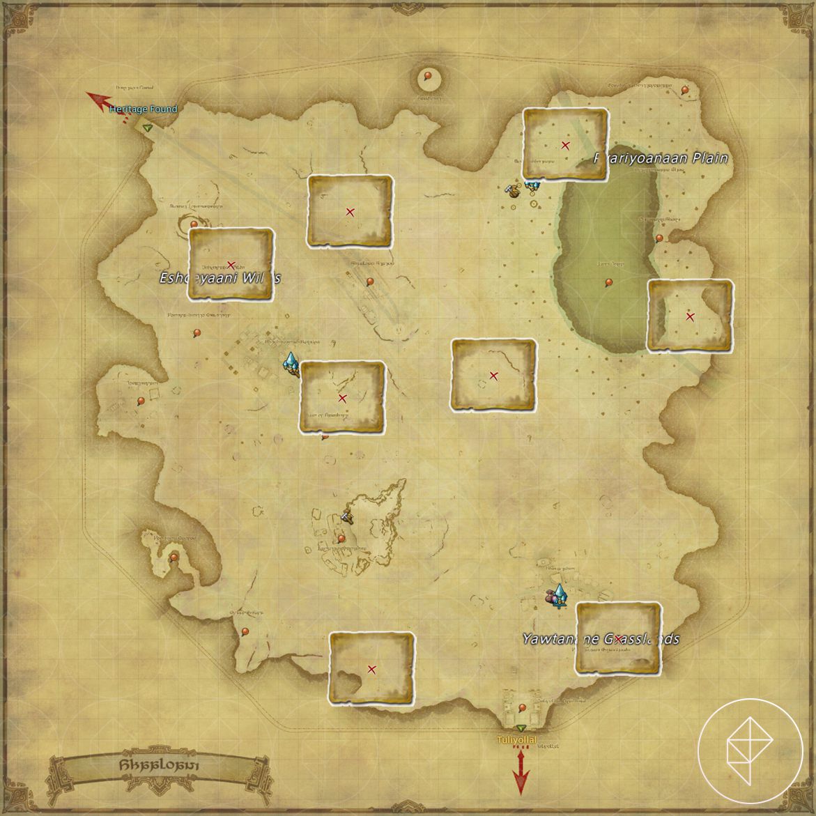 A map of Shaaloani in FFXIV marking the eight possible treasure locations.