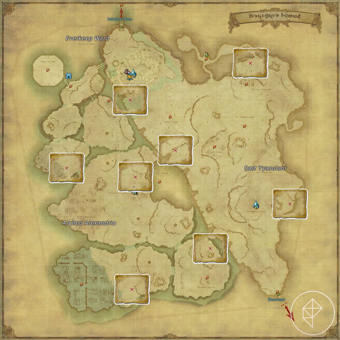 A map of Heritage Found in FFXIV marking the eight possible treasure locations.