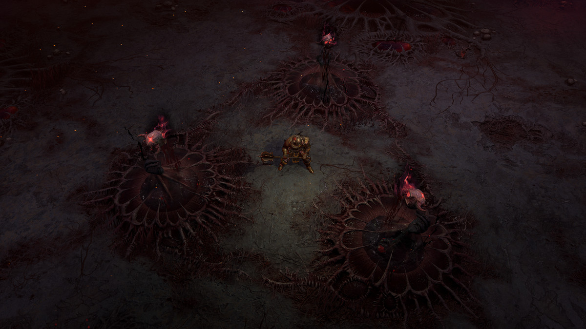 A Barbarian stands between three Infernal Offerings - flaming skulls held aloft by black hands - in Diablo 4’s Infernal Hordes