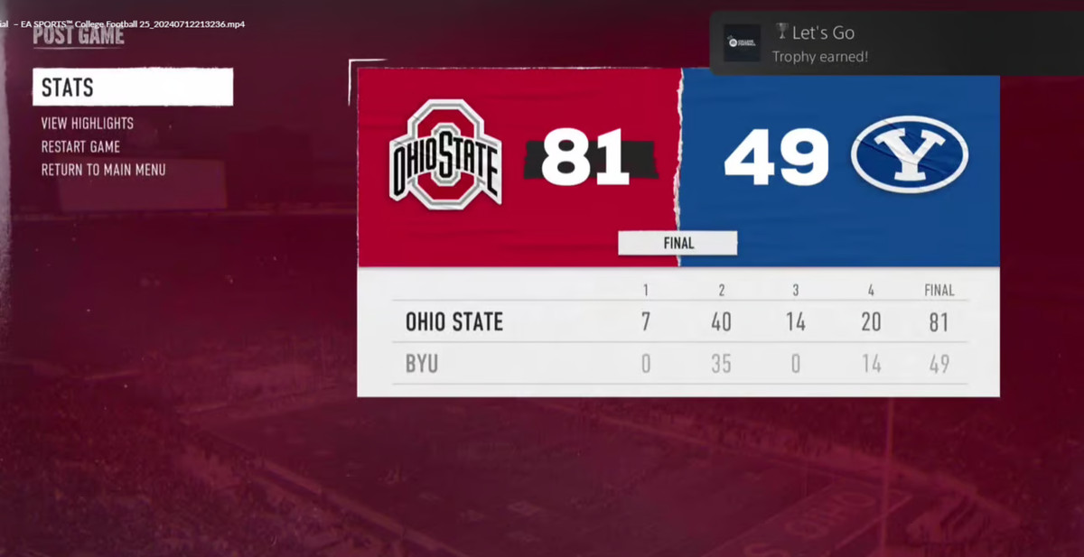 A score screen depicting the author’s football match pitting Ohio State against BYU, resulting in an 81-49 score in favor of Ohio State