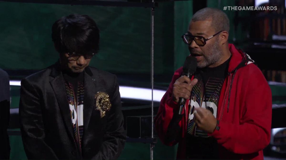 Hideo Kojima and Jordan Peele on stage at The Game Awards 2023