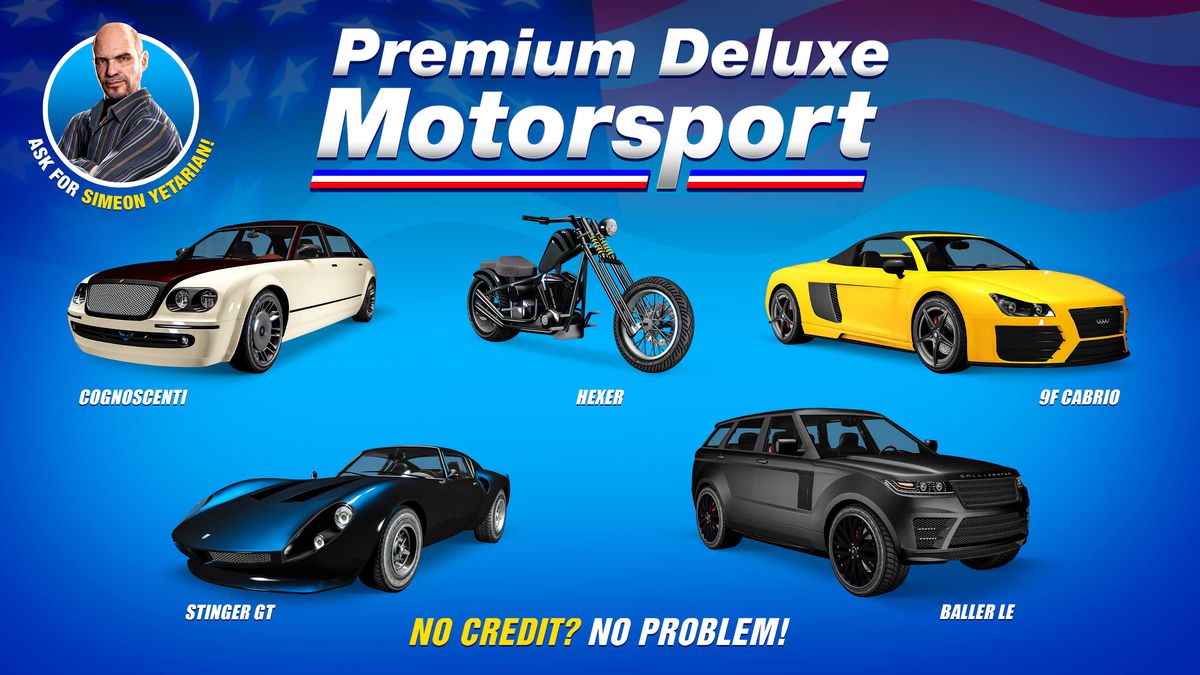 GTA Online promo art for vehicles for sale at Premium Deluxe Motorsport this week