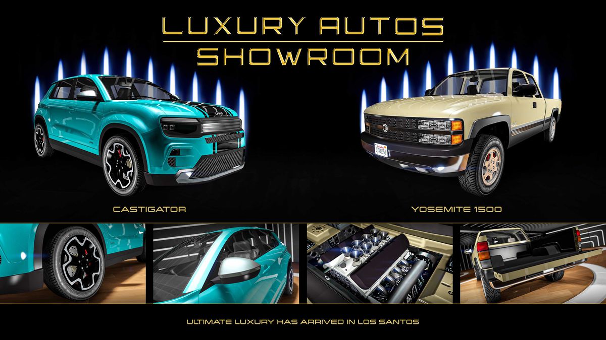 GTA Online promo art for vehicles for sale at Luxury Autos Showroom this week