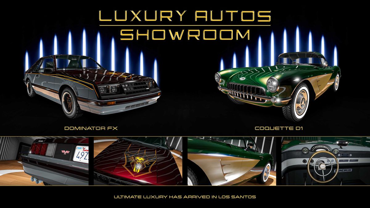 GTA Online promo art for vehicles for sale at Luxury Autos Showroom this week