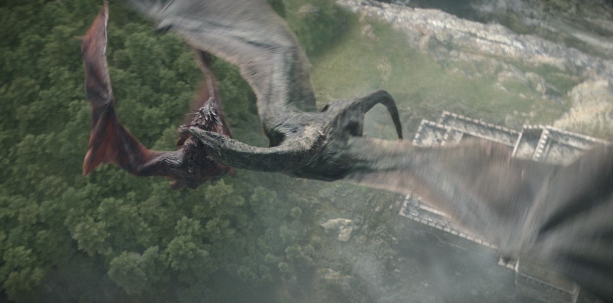 Vhagar rips at Meleys mid air above Rook’s Rest in House of the Dragon season 2, episode 4