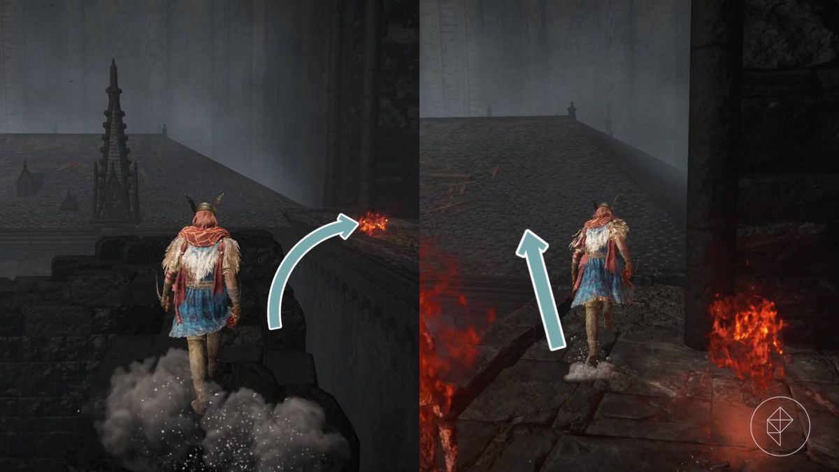 Split image shwoing the path across the rooftops in the Church District of the Shadow Keep in Elden Ring’s DLC, Shadow of the Erdtree.