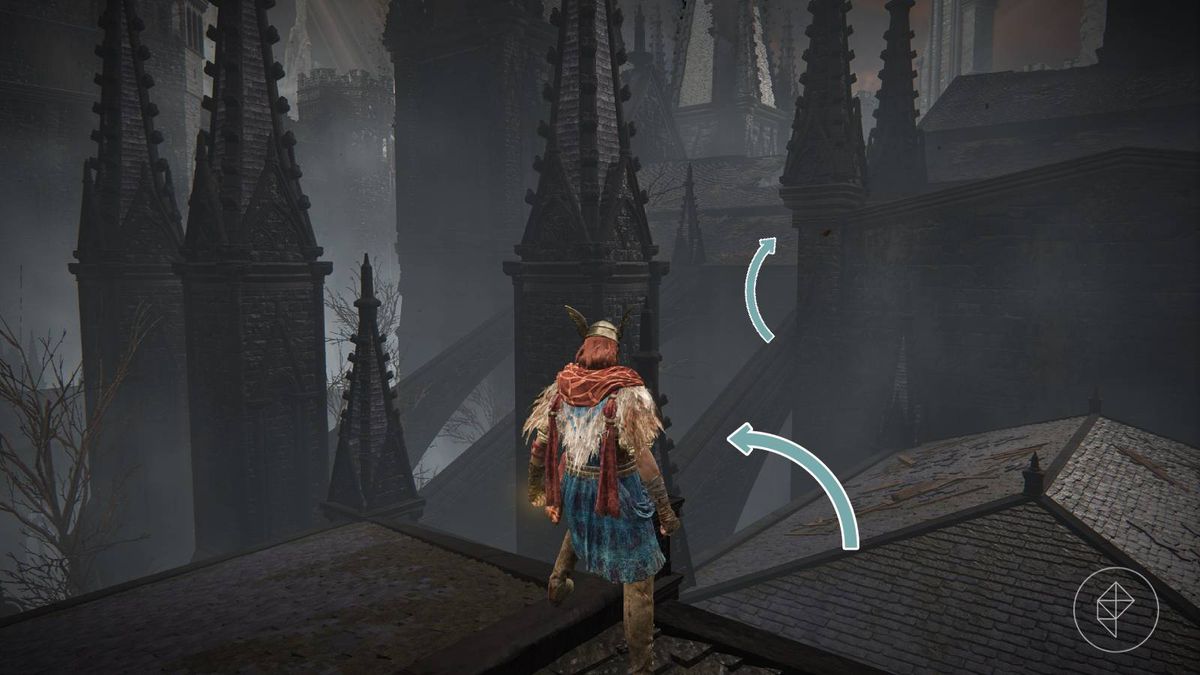 Character jumping to a buttress and a rooftop in the Church District of Elden RIng’s DLC, Shadow of the Erdtree.