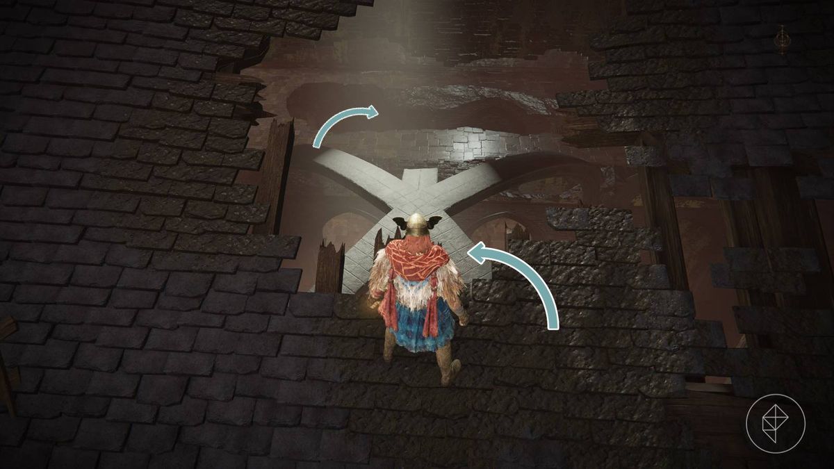 Character dropping down onto an arch in the Church District of Elden Ring’s DLC, Shadow of the Erdtree.