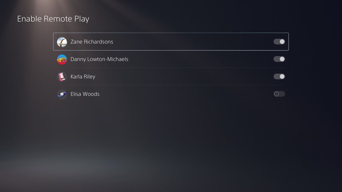 A screenshot of a PlayStation 5 UI screen with the words “Enable Remote Play” at the top of the screen, followed by a list of users’ profiles with on/off toggles next to each user