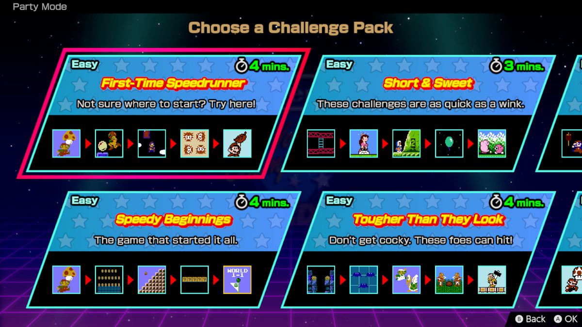 A screenshot of the menu of Challenge Packs available in Party Mode from Nintendo World Championships: NES Edition.