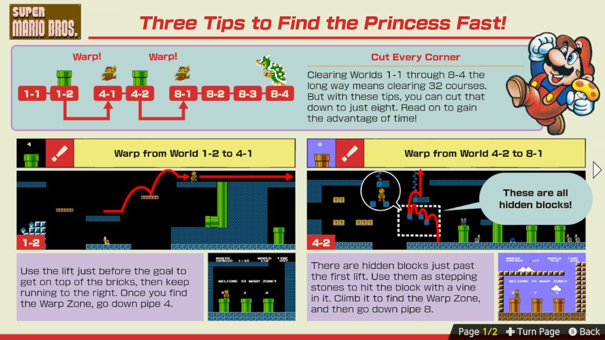 A tips guide on how to “find the princess fast” in Super Mario Bros., stylized like a guide page from Nintendo Power magazine, from Nintendo World Championships: NES Edition