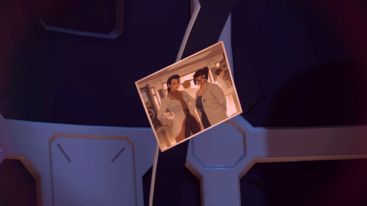 A screenshot of a photograph of Mei and another woman, seen from the interior of an escape pod, from Overwatch 2