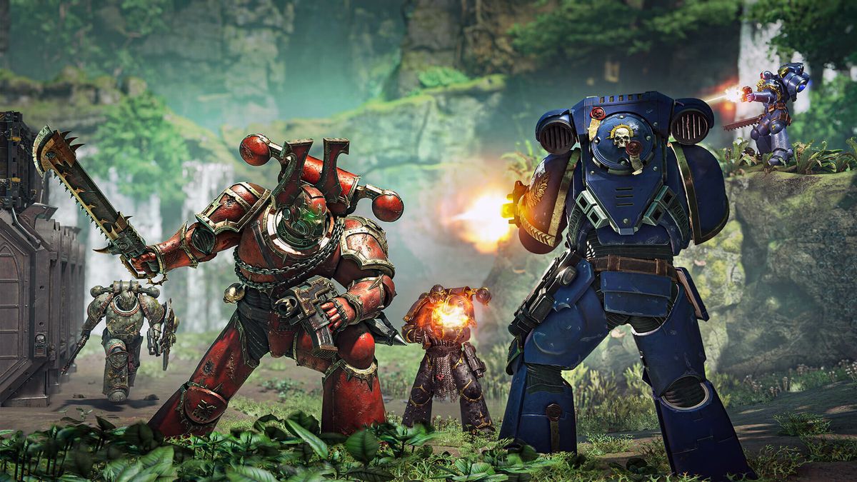 Space Marines clash, with a Khorne Berzerker of the World Eaters swinging a chainsword at a firing Ultramarine. Reinforcements are arriving in the background from a dense jungle planet.