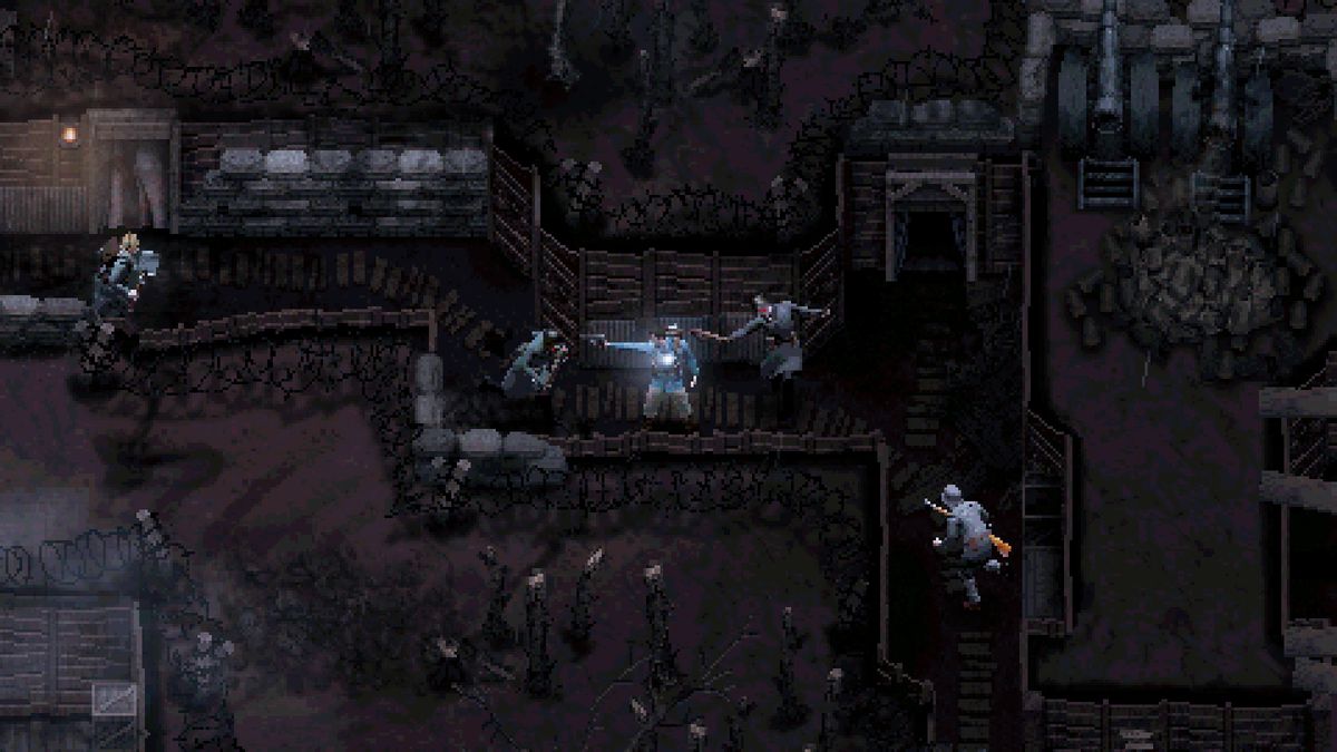 A screenshot of a soldier in a blue uniform aiming a pistol while surrounded by enemies and dead bodies in a trench in Conscript.