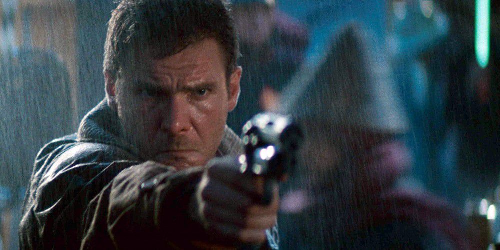 Rick Deckard trains his service weapon in Blade Runner (1982)