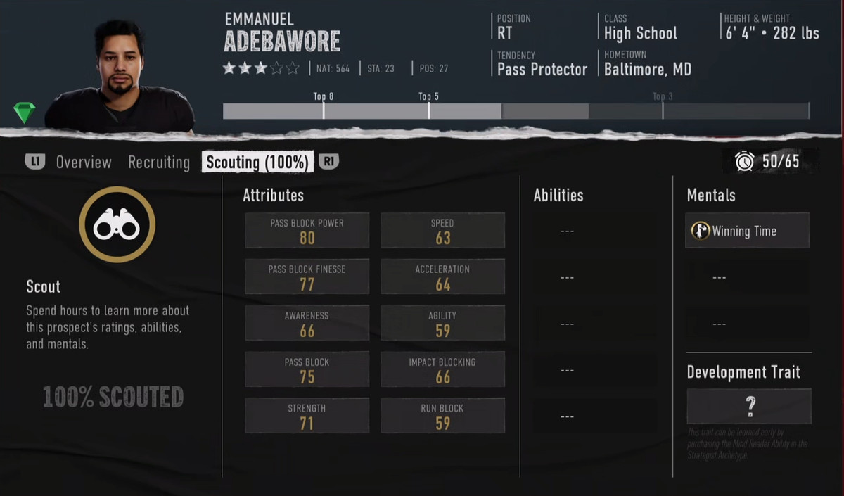 A randomly generated player profile from College Football 25’s Dynasty scouting menu 