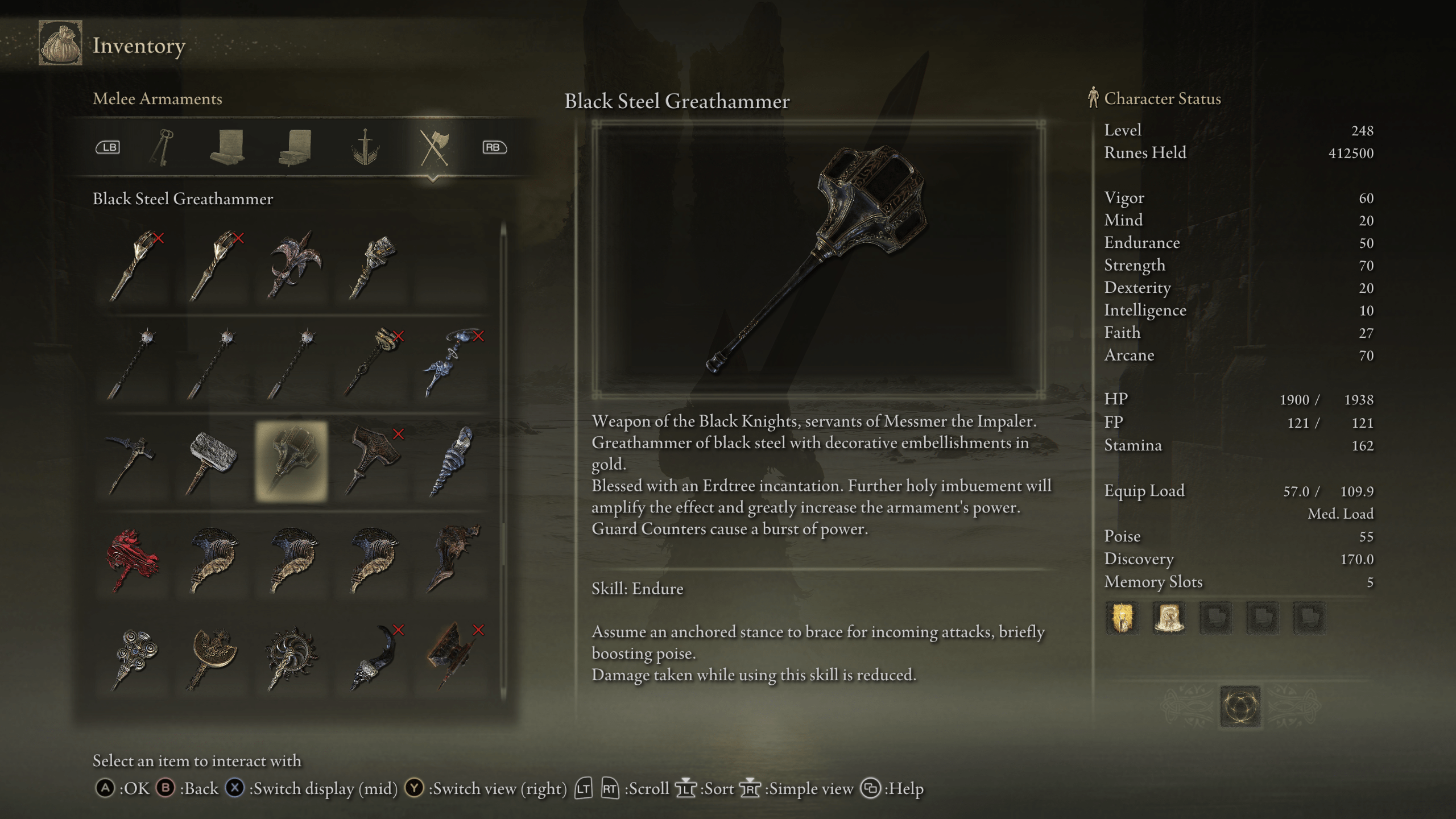 A Tarnished collects a new weapon, Black Steel Greathammer, in Elden Ring: Shadow of the Erdtree