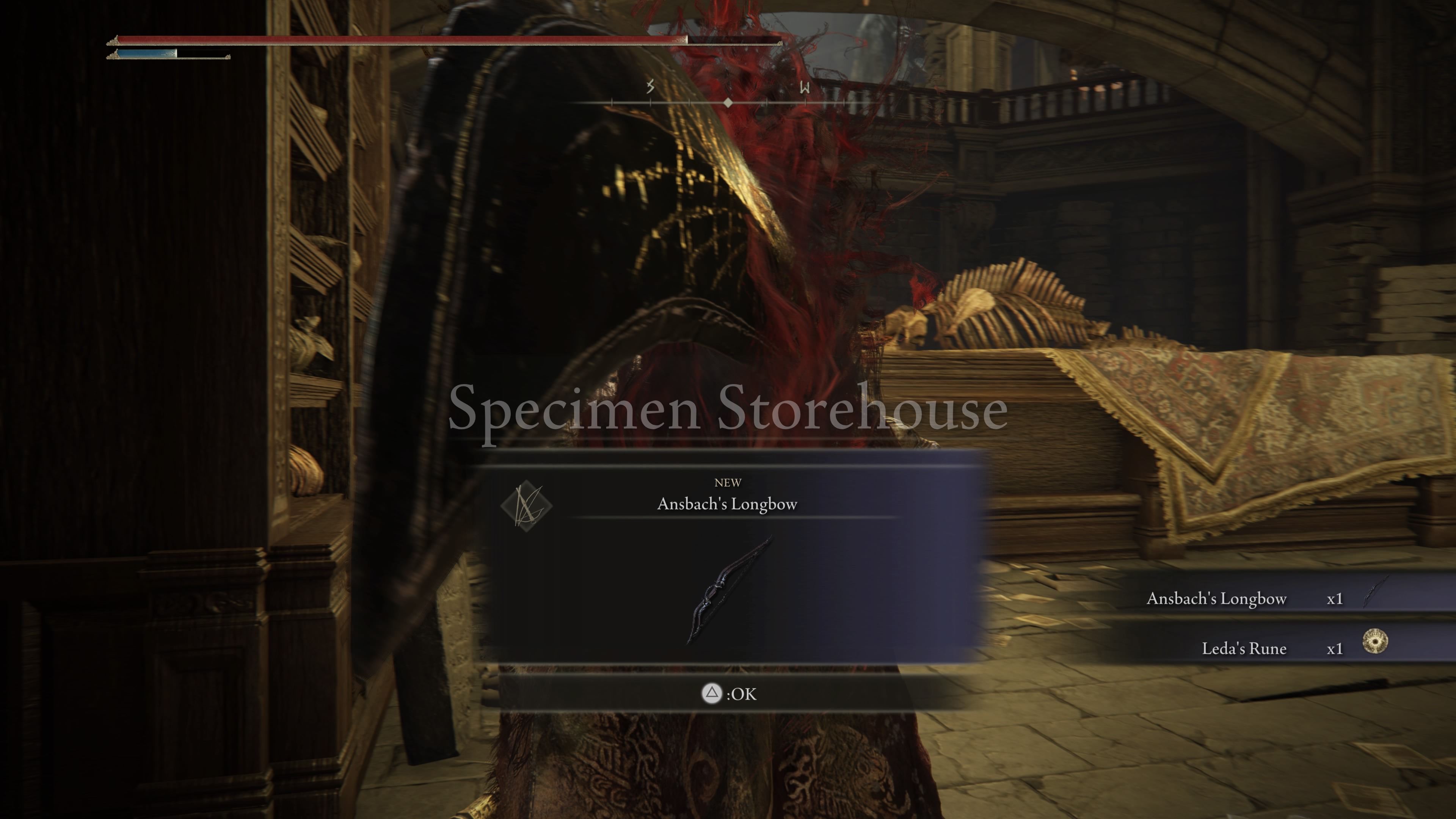 A Tarnished collects a new weapon, Anbach’s Longbow, in Elden Ring: Shadow of the Erdtree