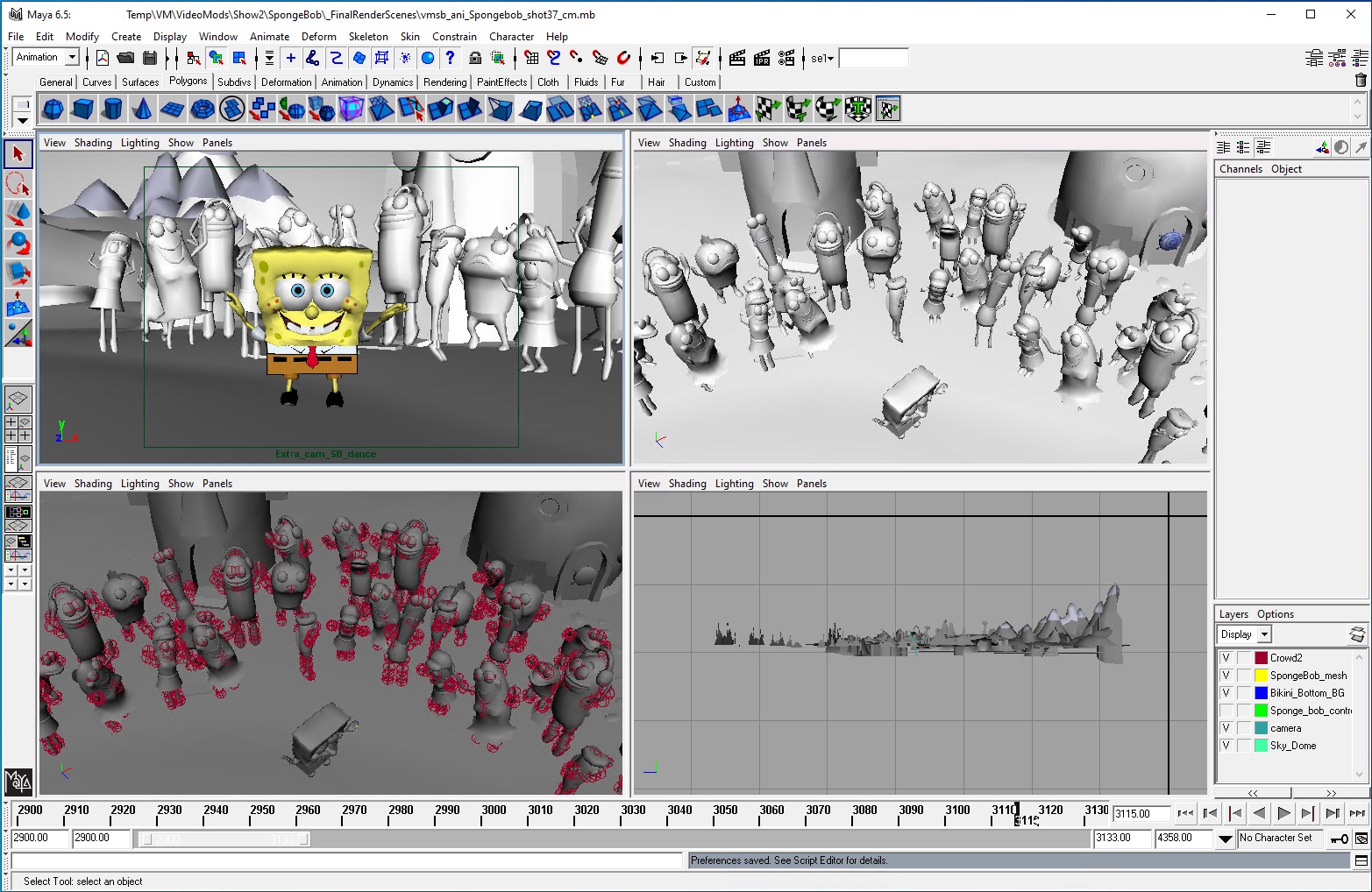 A behind-the-scenes screenshot of a Maya interface shows how a SpongeBob clip from Video Mods came together.